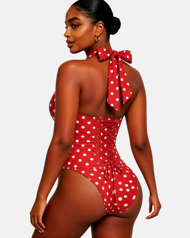 Polka Dot Halter Corset One-Piece Swimsuit