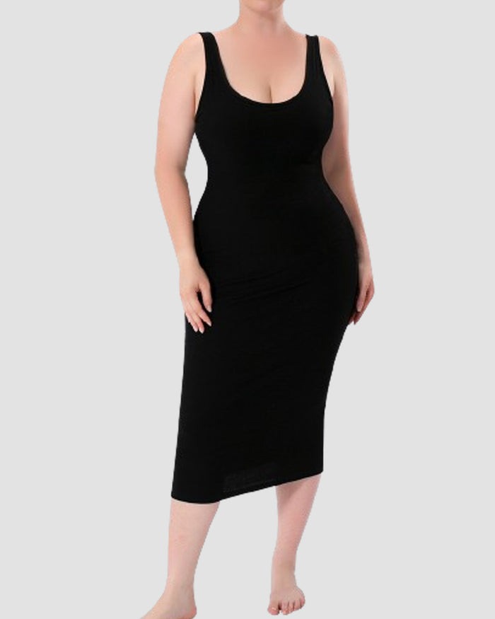 Women's Sleeveless Tank Midi Shapewear Dress Double Layer Tummy Control Bodysuit Dress