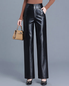 New High Waist Slim Fit Versatile Wide Leg Leather Pants for Women