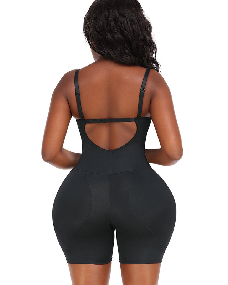 Backless Underwire Cup Lace Tummy Open Crotch Shapewear With Detachable Butt Pads