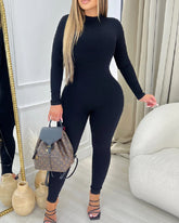 Fashion Ribbed High Neck Long Sleeve Tight-fitting One-piece Jumpsuits