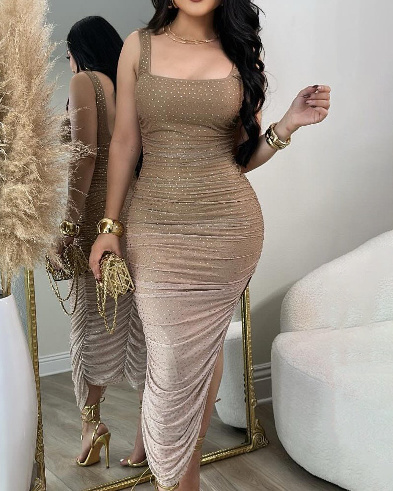 Square Neck Sequin Embellished Bodycon Dress With Ruched Asymmetrical Hem