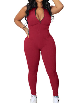 Ribbed Sleeveless High Stretch Bodycon One Piece Zipper Front Workout Jumpsuit