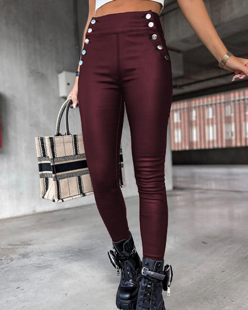 Sexy High Waist Stretchy Faux Leather Leggings Pants with Multi-button