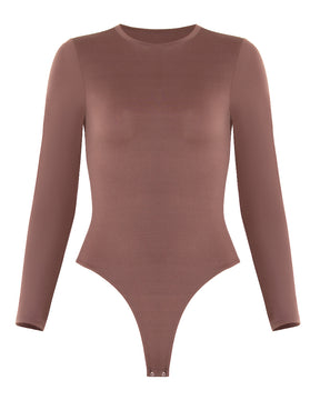 Women's Crew Neck Double Lined Long Sleeve Basic Stretchy Thong Bodysuit