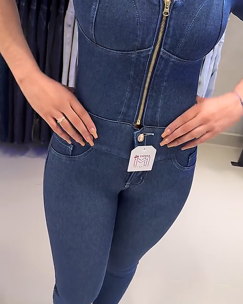 Denim Jumpsuit for Women Long Sleeve Button Down Stretch Slim Skinny Jeans (Pre-Sale)