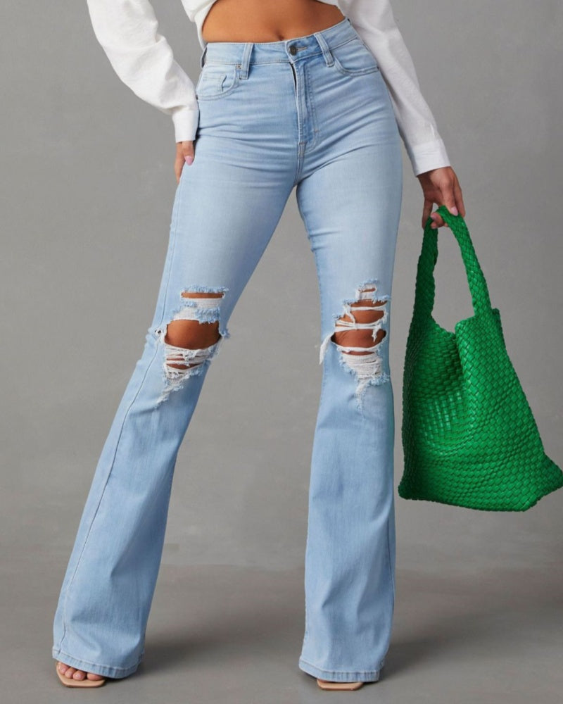 High Waist Ripped Jeans Women Street Style Flared Pants