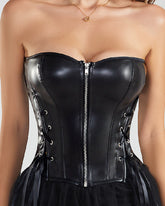 Leather Overbust Strapless Zipper Corset Side Lace Up Bustier Top