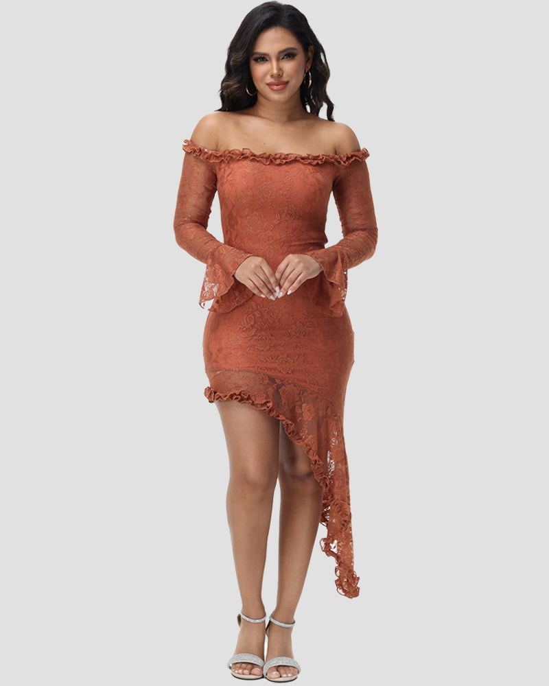 Sexy Lace Patchwork Tube top Long Sleeve Irregular Cut Bodycon Dress
