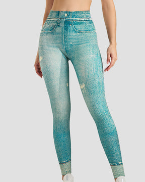 Peach Hip Denim Print Seamless Leggings for Women