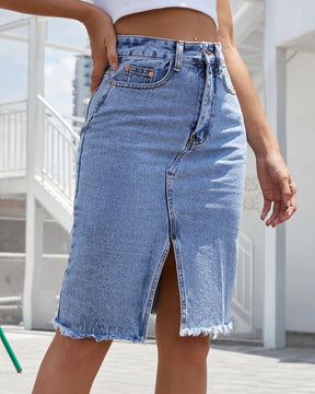 Women's High Waist Mid Length Hip Wrapped Denim Skirt