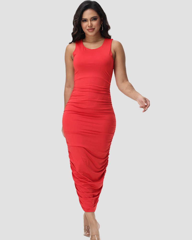 Sexy Ruched Sleeveless Basic Bodycon Maxi Dress