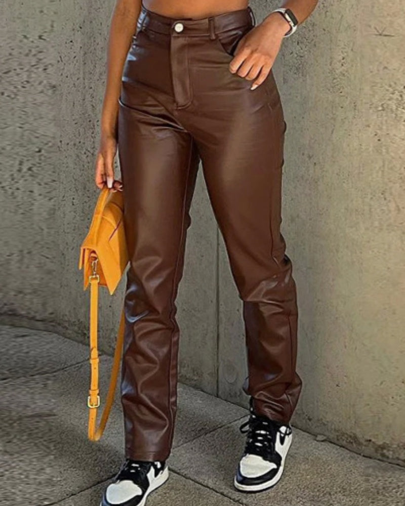 Simple High Waist PU Leather Casual Pants