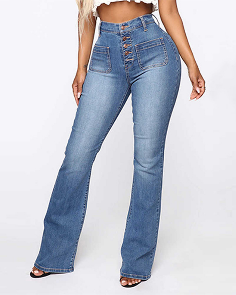 High Waist Washed Stretch Single Breasted Multi Button Straight Leg Jeans
