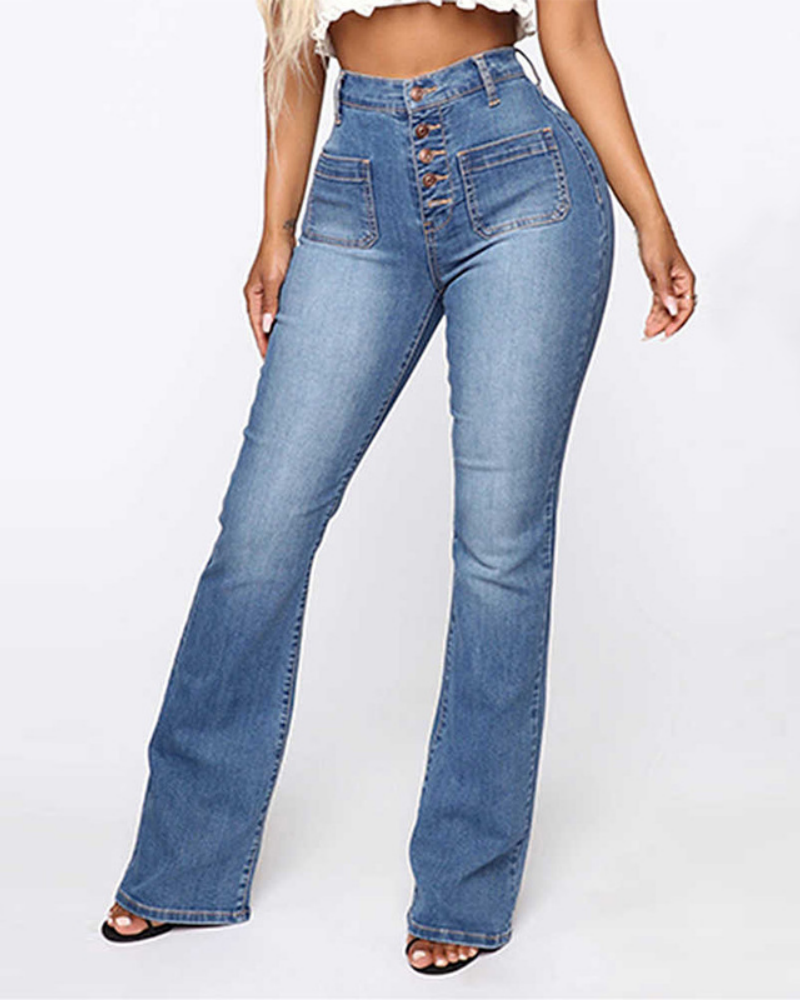 High-Waist Washed Stretch Single-Breasted Multi-Button Skinny Jeans