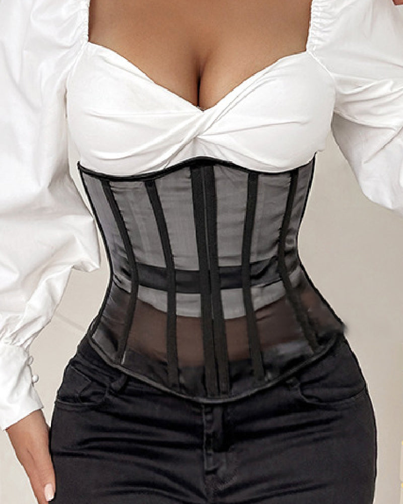 Women's Sexy Sheer Mesh Underbust Corset Vintage Lace Up Cupless Bustier Top