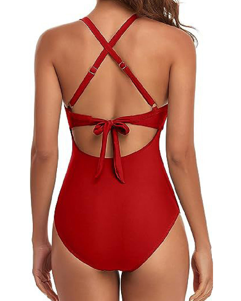 One Piece Cutout Swimsuits Tummy Control High Waist Tie Back Swimwear