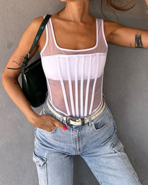 Sexy Mesh Paneled Boned Corset Vest Lace Up Back Bustier Cropped Top