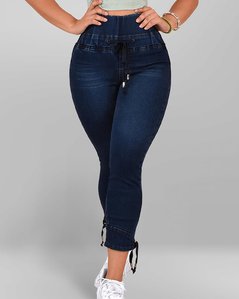 Jeans colombianos de talle alto con cordón y levantamiento de glúteos para mujer