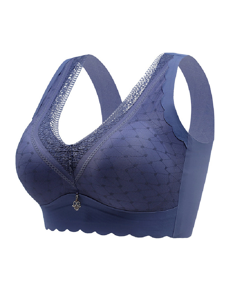 Women's Wireless Lace  V-Neck Latex Seamless Push Up Bra