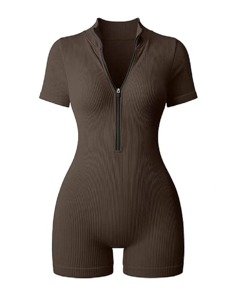 Women's Ribbed Short Sleeve Zip Front Jumpsuit Stretch Tummy Control Yoga Rompers