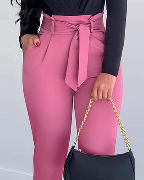 Women's Pink Lace-up Slim-fit Casual Pants