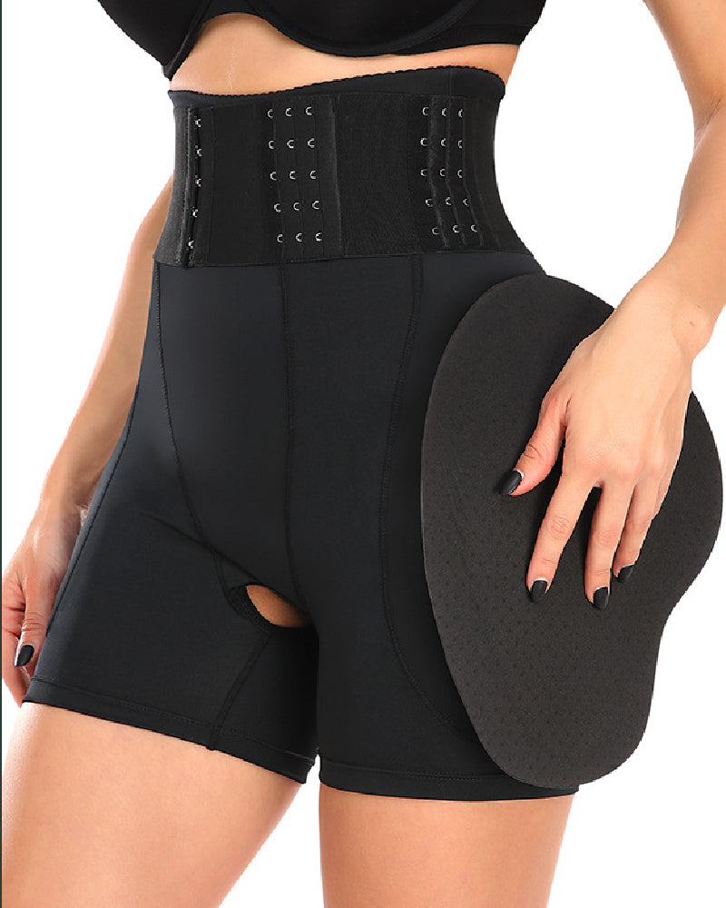 High Waist 9-row Adjustable Buckle Belt Shapewear Shorts With Sponge Pads