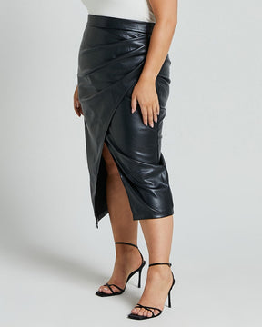 PU Slit Skirt High Waist Zipper Pleated Leather Skirt