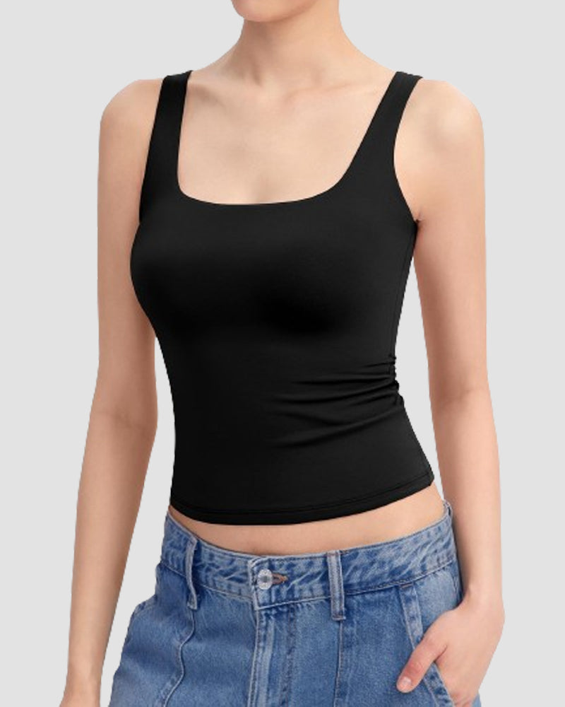 Camiseta sin mangas con cuello cuadrado para mujer, camisetas básicas sin mangas con doble forro