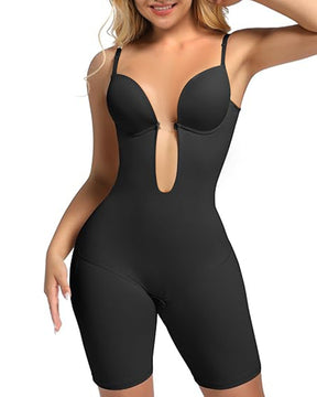 Sleeveless Solid Tummy Control U Plunge Shapewear Bodysuit With Built In Bra