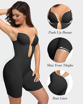 Sleeveless Solid Tummy Control U Plunge Shapewear Bodysuit With Built In Bra