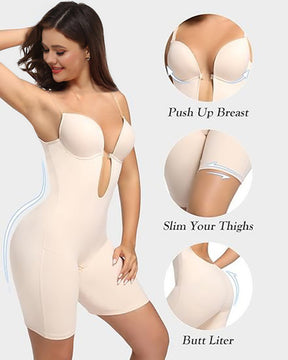 Sleeveless Solid Tummy Control U Plunge Shapewear Bodysuit With Built In Bra