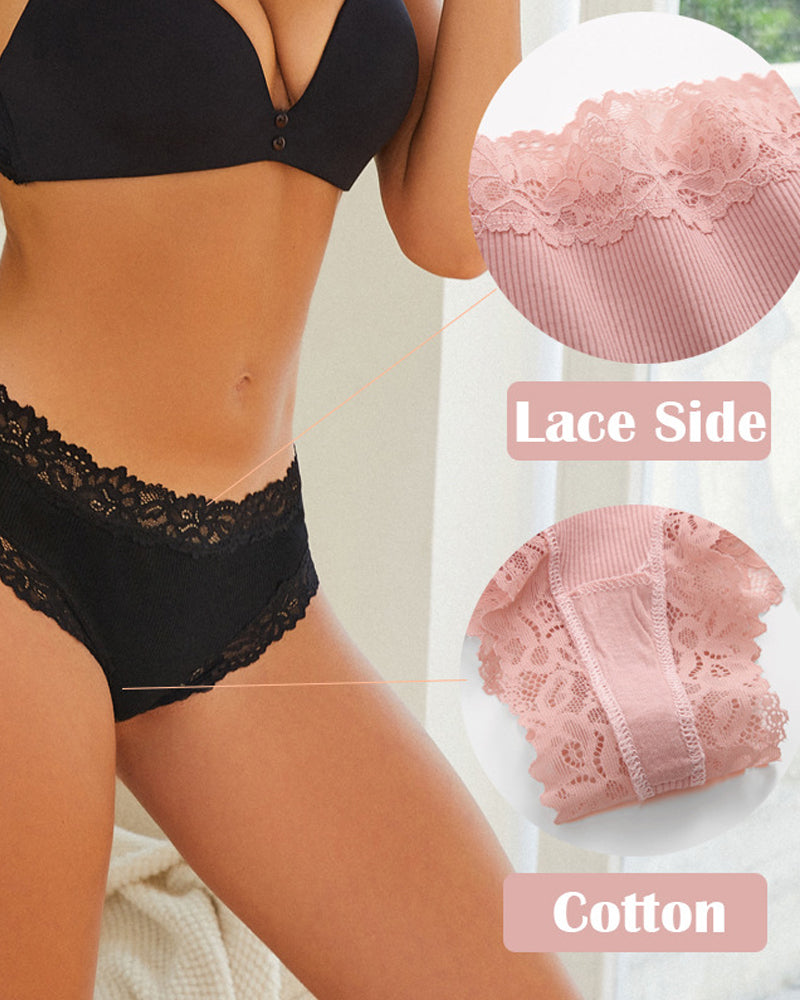 Sexy Mid-Rise Ribbed Cotton Panties Lace Stitching Comfy Lingerie