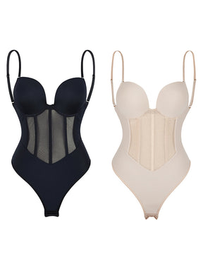 Sexy Mesh Shapewear Corset Backless Thong Bodysuit With Built-in Bra