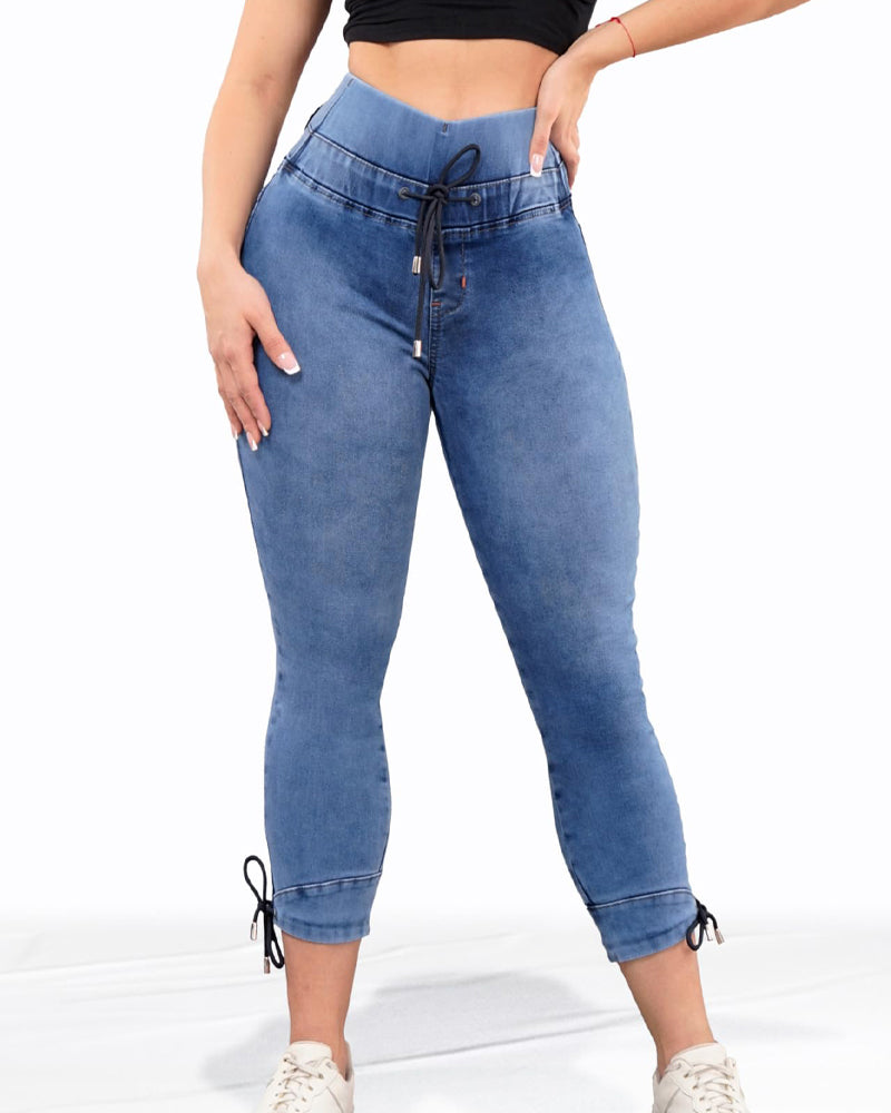 Jeans colombianos de talle alto con cordón y levantamiento de glúteos para mujer