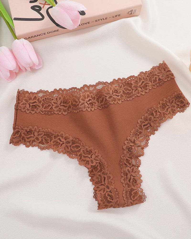 Sexy Mid-Rise Ribbed Cotton Panties Lace Stitching Comfy Lingerie