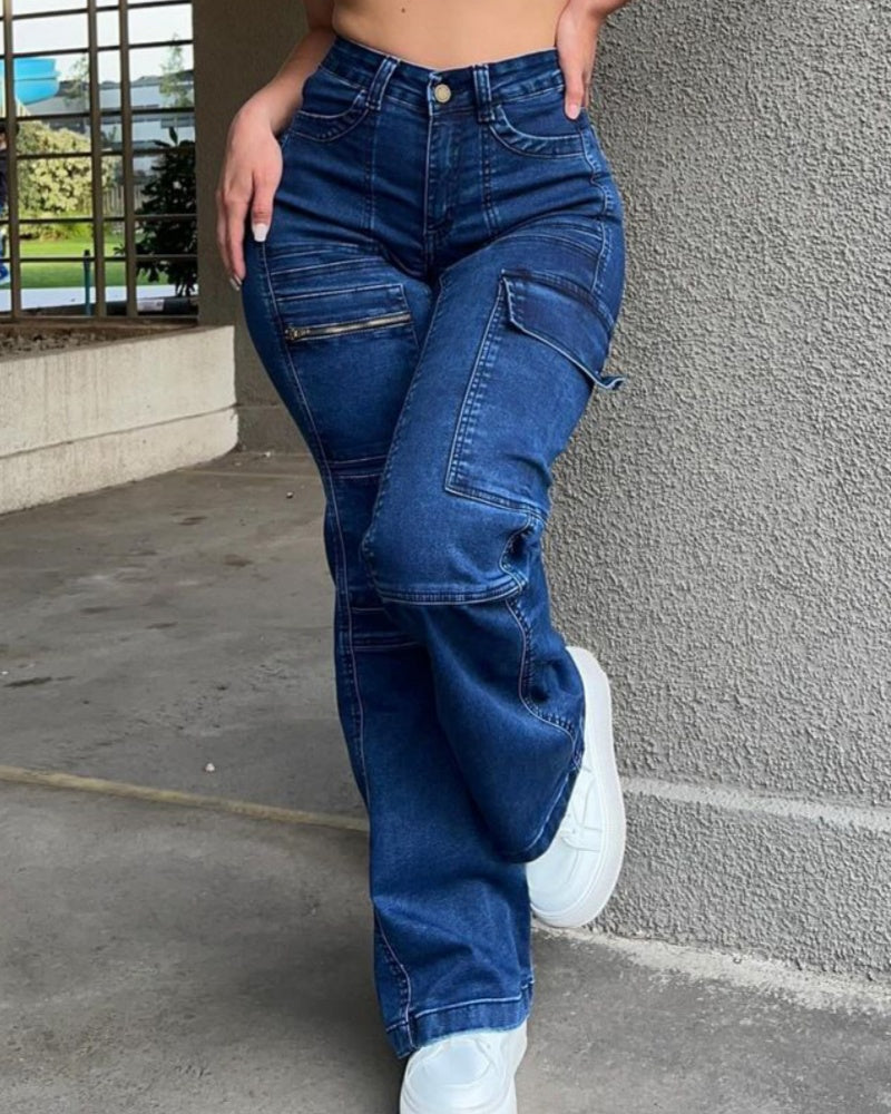 Deep Blue Butt Lift Cargo Jeans with Multiple Pockets