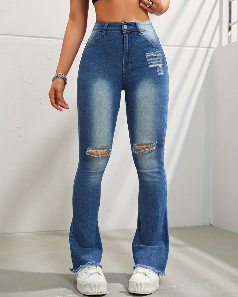 Street-rocking Contrasting Color Ripped High-Waisted Slim-fitting Raw-edge Flared Jeans