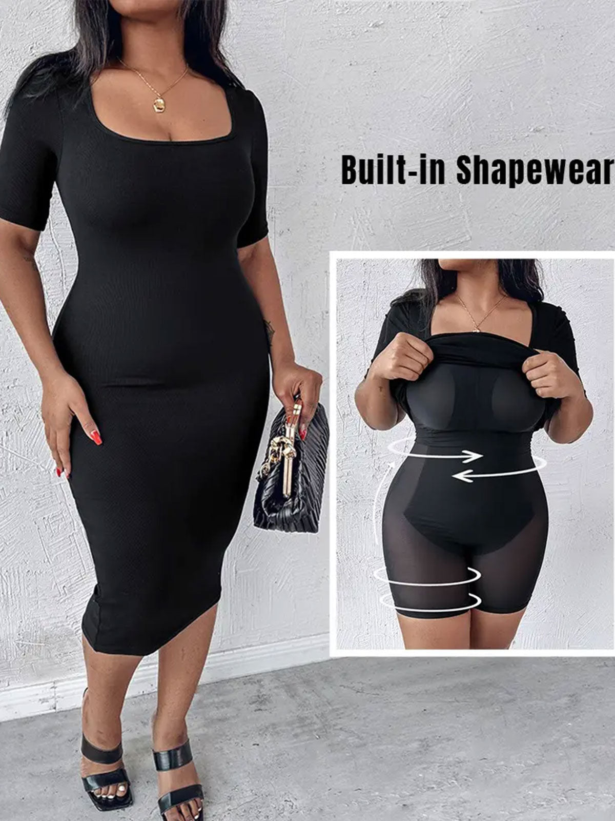 Built-in Shapewear Short Sleeve Square Neck Slim Fit Midi Body Dress