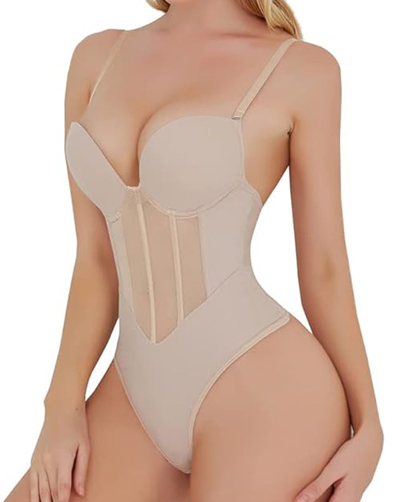 Sexy Mesh Shapewear Corset Backless Thong Bodysuit With Built-in Bra