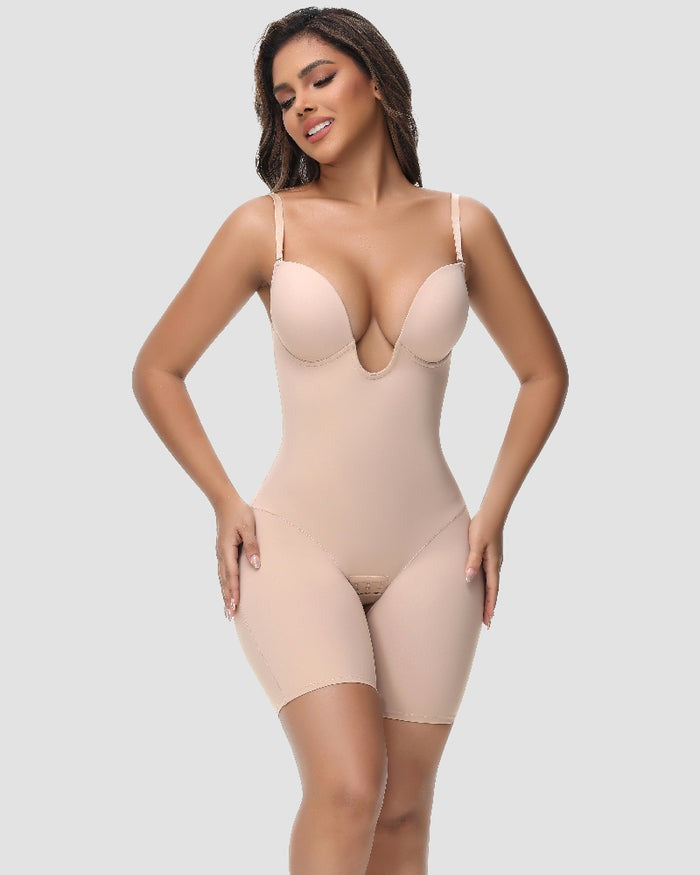 Women's U Plunge Strapless Tummy Control Bodysuit Low Back Built In Bra Shapewear