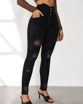 Fashion High Waist Multi-Breasted Ripped Jeans