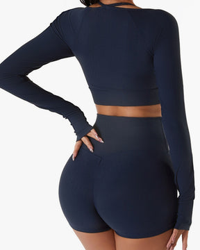 Ribbed Skinny Halter Neck Long-sleeved Yoga Set with Chest Pad