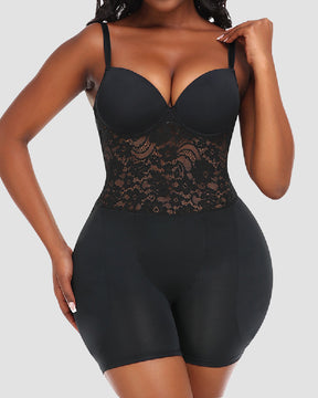 Backless Underwire Cup Lace Tummy Open Crotch Shapewear With Detachable Butt Pads