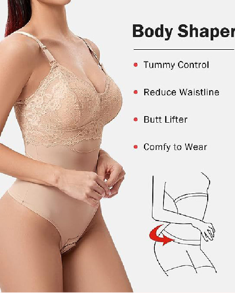 Body de cintura adelgazante de encaje sin costuras, tanga con control de barriga, fajas con sujetador