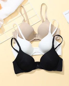 Women's Smooth Front Closure Push Up Bra Solid Removable Strap Soft Underwire Bra