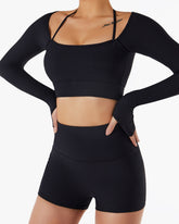 Ribbed Skinny Halter Neck Long-sleeved Yoga Set with Chest Pad