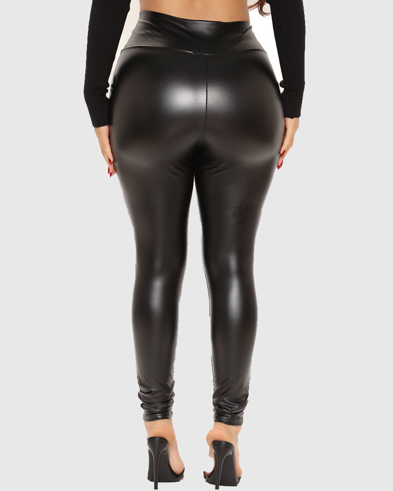 High Waist High Elastic Slim Fit PU Motorcycle Tight Leather Pants