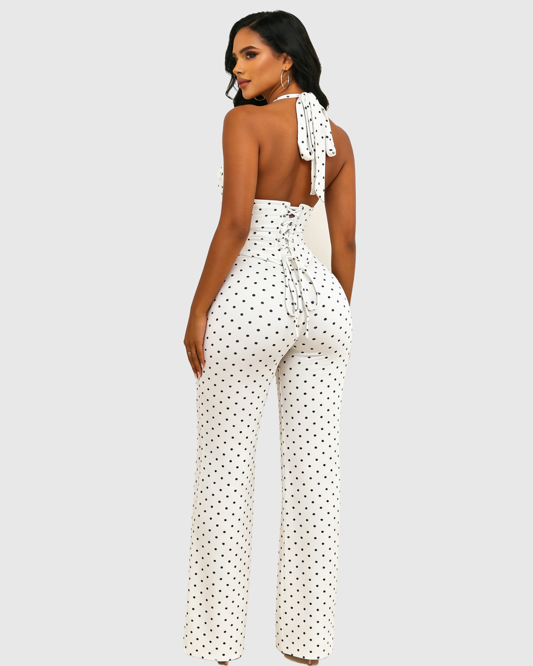 Polk Dot Halter-Neck Backless Detachable Corset Wide-leg Jumpsuit Two-Piece Set