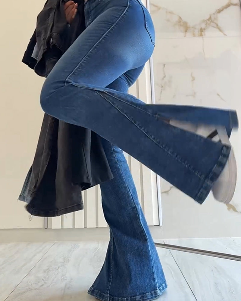 Shapshe® High Waisted Tummy Control Flared Slit Floor Length Jeans